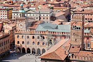 Aerial view of Piazza Maggiore in Bologna city, Italy