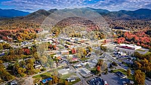 Aerial view picturesque Asheville neighborhood during the Fall with colors starting to show