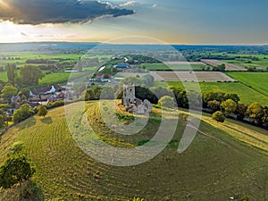 Aerial view of the picturesque Burrow Mump hill and historic site overlooking Southlake Moor photo
