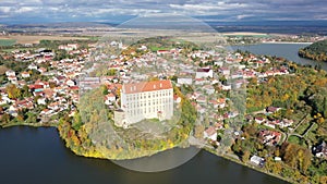 Aerial view of picturesque Czech town Plumlov with castle, Olomouc Region