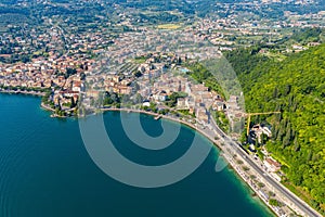 Aerial view of the picturesque town on the shore of Lake Garda. Italy.