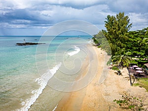 Aerial view of the picturesque tropical beach of Nangthong in Khao Lak, Thailand