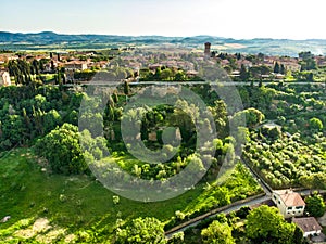 Aerial view of Pienza, a village located in the beautiful Tuscany valley, known as the `ideal city of the Renaissance` and a `