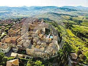 Aerial view of Pienza, a village located in the beautiful Tuscany valley, known as the `ideal city of the Renaissance` and a `