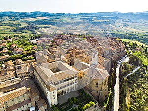 Aerial view of Pienza, a village located in the beautiful Tuscany valley, known as the `ideal city of the Renaissance` and a `