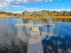 Aerial view of pier and dock at Lake Cuyamaca, California, USA