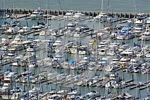 Aerial view of Pier 39 Marina in Fishermans Wharf San Francisco