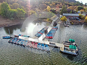 Aerial view of pier with small boat at Lake Cuyamaca, California, USA