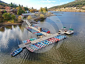 Aerial view of pier with small boat at Lake Cuyamaca, California, USA