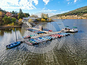 Aerial view of pier with small boat at Lake Cuyamaca, California, USA