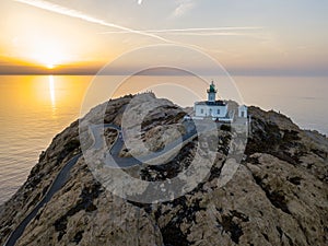 Aerial view of the Pietra Lighthouse at sunset. Red Island, Corsica, France