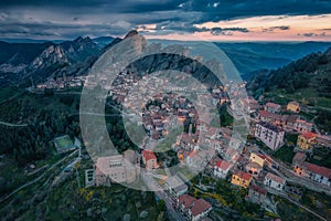 Aerial view of Pietrapertosa village at dusk in Apennines Dolomiti Lucane, Basilicata, Italy photo