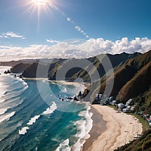 an aerial view of piha beach from the north island of New Zealand.