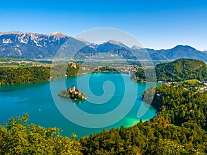 Aerial view on the Pilgrimage Church of the Assumption of Maria on the Lake Bled