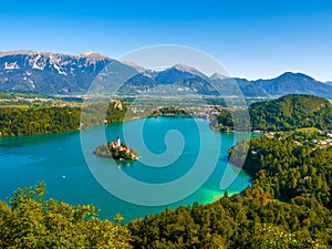 Aerial view on the Pilgrimage Church of the Assumption of Maria on the Lake Bled photo