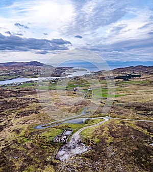 Aerial view of the Pilgrims Path up to the Slieve League cliffs in County Donegal, Ireland