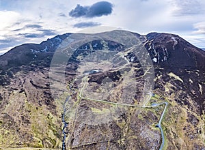 Aerial view of the Pilgrims Path up to the Slieve League cliffs in County Donegal, Ireland