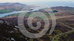 Aerial view of the Pilgrims Path up to the Slieve League cliffs in County Donegal, Ireland