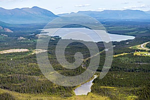 An aerial view of Pine Lake near Haines Junction, Yukon, Canada