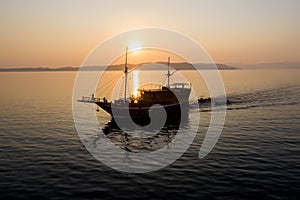 Aerial View of Pinisi Schooner at Sunset