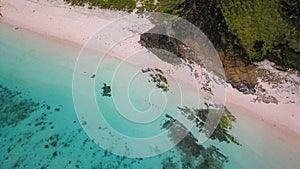 Aerial view of Pink Beach with green color on the hill and turquoise sea from Komodo Island Labuan Bajo