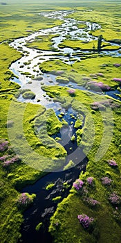 Aerial View Of Pink And Green Marsh River - Naturecore