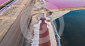 Aerial view of pink salt lake. Salt production plants evaporated brine pond in a salt lake.