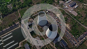 Aerial view pipe thermal power plant. Industrial chimneys on hydro power station