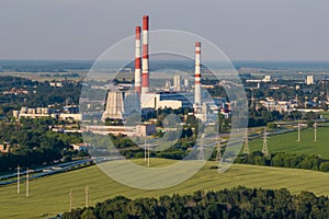 Aerial view on pipes of chemical enterprise plant. Air pollution concept. Industrial landscape environmental pollution waste of