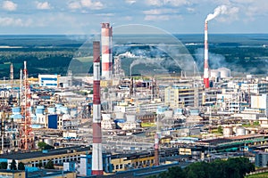 Aerial view on pipes of chemical enterprise plant. Air pollution concept. Industrial landscape environmental pollution waste of