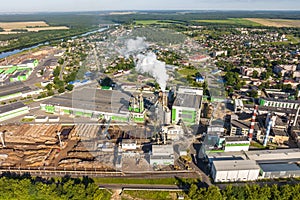 aerial view on pipes of chemical enterprise plant. Air pollution concept. Industrial landscape environmental pollution waste of