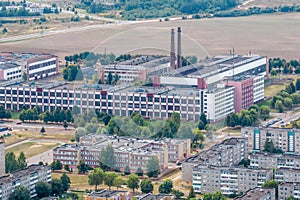 aerial view on pipes of chemical enterprise plant. Air pollution concept. Industrial landscape environmental pollution waste of