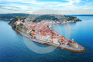 Aerial view of Piran old town, Slovenia. Scenic cityscape with medieval architecture and Adriatic sea, outdoor travel background