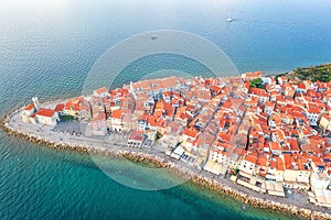 Aerial view of Piran old town, Slovenia. Scenic cityscape with medieval architecture and Adriatic sea, outdoor travel background