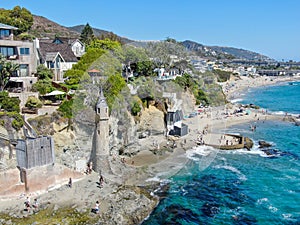 Aerial view of The Pirates Tower At Victoria Beach In Laguna Beach, California