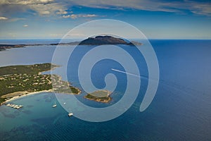 Aerial view of Pittulongu, White Beach in Olbia, blue water, amazing Vegetation and sandy beaches