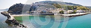 Aerial view of Pizzo Calabro, pier, castle, Calabria, tourism Italy. Panoramic view of the small town of Pizzo Calabro by the sea.