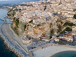 Aerial view of Pizzo Calabro, pier, castle, Calabria, tourism Italy. Panoramic view of the small town of Pizzo Calabro by the sea