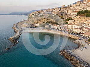 Aerial view of Pizzo Calabro, pier, castle, Calabria, tourism Italy. Panoramic view of the small town of Pizzo Calabro by the sea photo