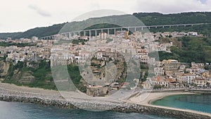 Aerial view of Pizzo, video shot on a drone. Flight of a drone over Pizzo overlooking the bay, pier and old town