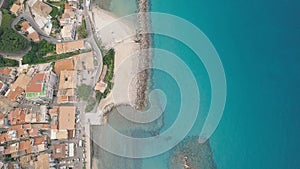 Aerial view of Pizzo, video shot on a drone. Flight of a drone over Pizzo overlooking the bay, pier and old town