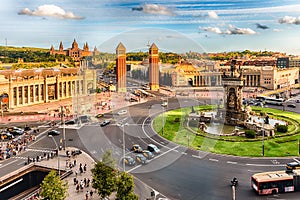 Aerial view of Placa d& x27;Espanya, landmark in Barcelona, Catalonia photo
