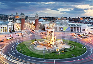 Aerial View on Placa Espanya and Montjuic Hill with National Art Museum of Catalonia, Barcelona, Spain