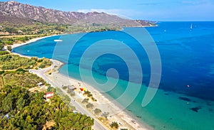 Aerial view of Plage de La Roya in Saint Florent, Corsica, France