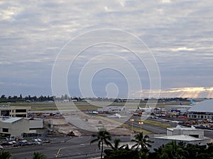 Aerial view Planes moving along the runway at the Honolulu International Airport