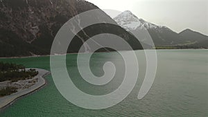 Aerial view Plansee lake in Austrian Alps. See Tirols Plansee. Plansee im Bezirk Reutte, Tirol, Osterreich innerhalb der
