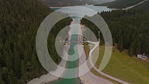 Aerial view Plansee lake in Austrian Alps. See Tirols Plansee. Plansee im Bezirk Reutte, Tirol, Osterreich innerhalb der