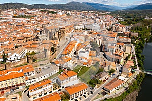 Aerial view of Plasencia in valley of Jerte river overlooking medieval cathedral photo