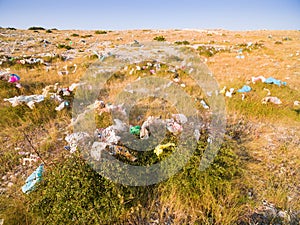 Aerial view of plastic bags pollution on island of Pag.