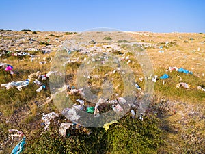 Aerial view of plastic bags pollution on island of Pag.